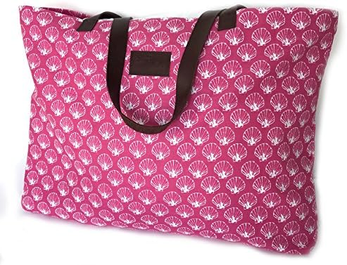 West Indies Cotton Beach Bag with Leather Handles Tote Carryall (Shell Hot Pink)
