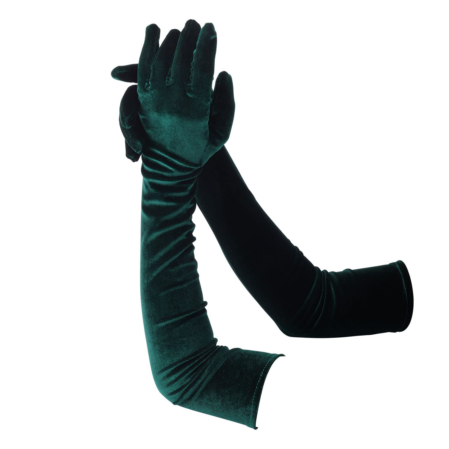 KINBOM Opera Gloves for Women, Velvet Stretchy Elbow Length Gloves Evening Party Dance Gloves Long Opera for Women (Black Green), 6 3/8