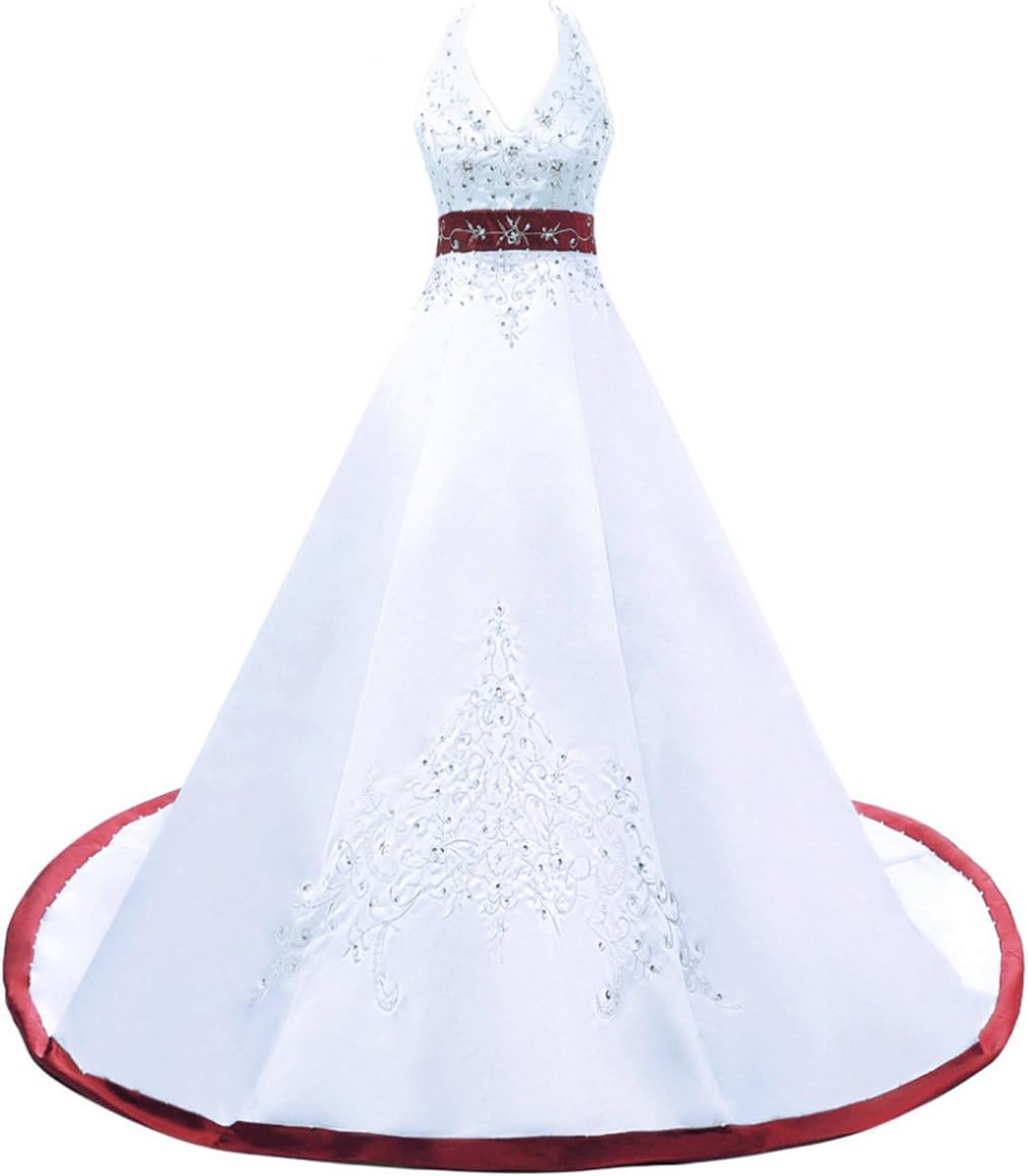 RohmBridal Women's Embroidery Satin Halter Wedding Dresses for Bride