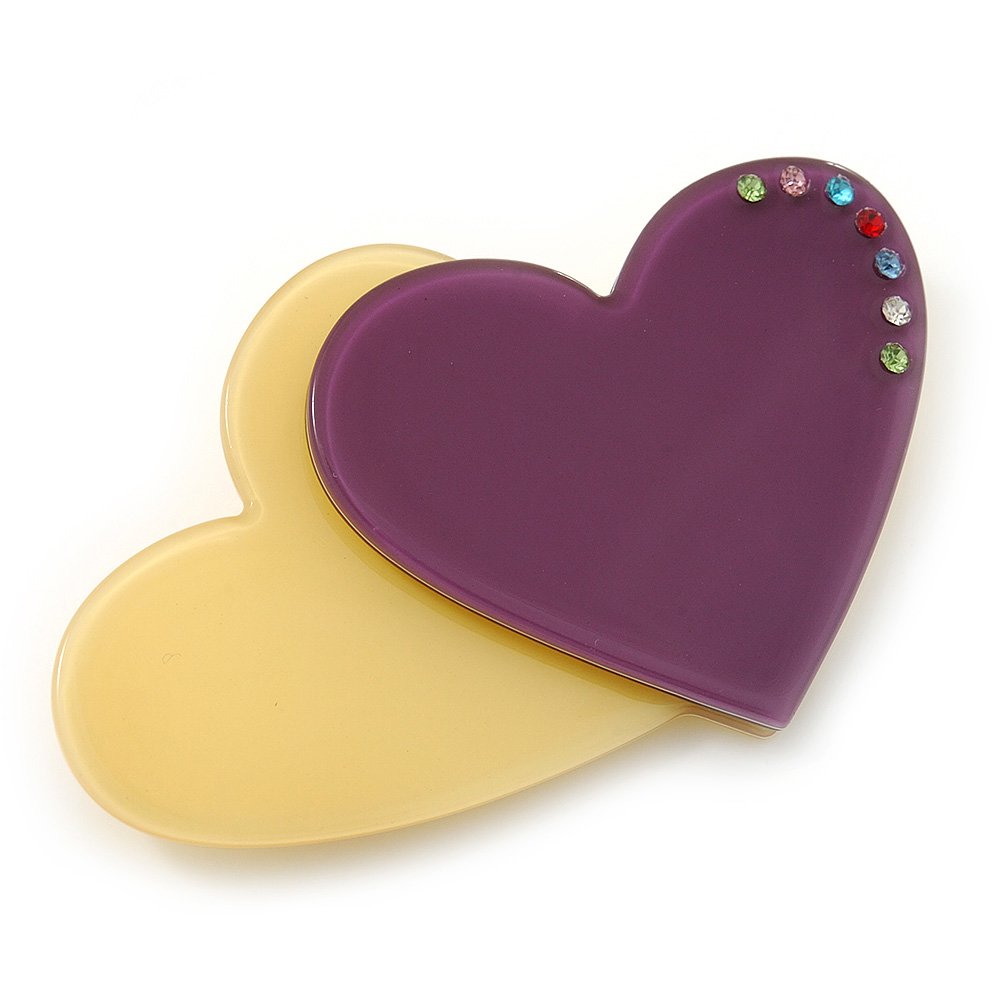 Yellow/Purple Austrian Crystal Double Heart Acrylic Brooch - 70mm Across