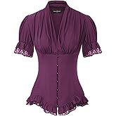 Scarlet Darkness Womens Work Tops Elegant Renaissance Pirate Shirt Short Sleeve Victorian Peasant Blouses