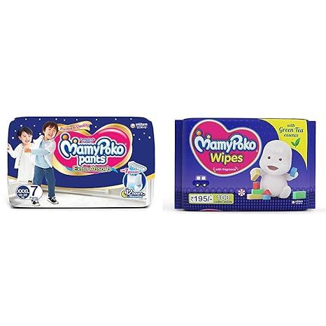 MamyPoko Pants Extra Absorb Diapers, XXXL (Pack of 7) & MamyPoko Wipes with Green Tea Essence - Pack of 100 * 2 Wipes with Fragrance (100 * 2 = 200 Wipes)
