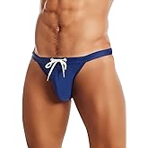 MIZOK Men's Sexy Low Rise Swimsuits Bikini Swimming Briefs Swimwear with Adjustable Drawstring