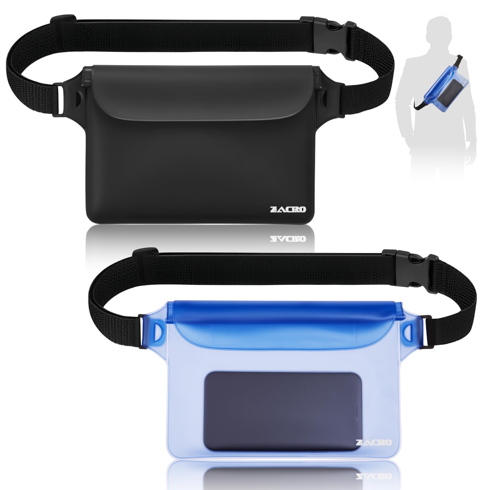 Zacro Waterproof Pouch Bag with Waist Strap (2 Pack) for Beach, IP68 Waterproof Waist Bag Dry Bag with Adjustable Belt for Swimming, Boating, Fishing, Camping,Hiking