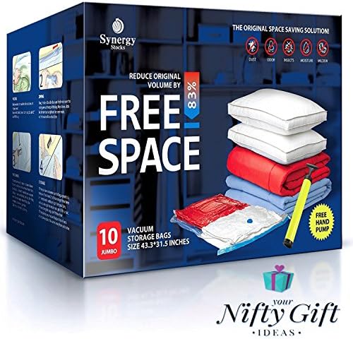Vacuum Storage Bags 10 Pack [Jumbo Size] Space Saver Vacuum Storage Bags by SYNERGYSTOCKS - for Clothes, Linens, Beddings, Duvets, etc. – Vacuum Seal Bags with Unparalleled Protection – Anti-Microbial