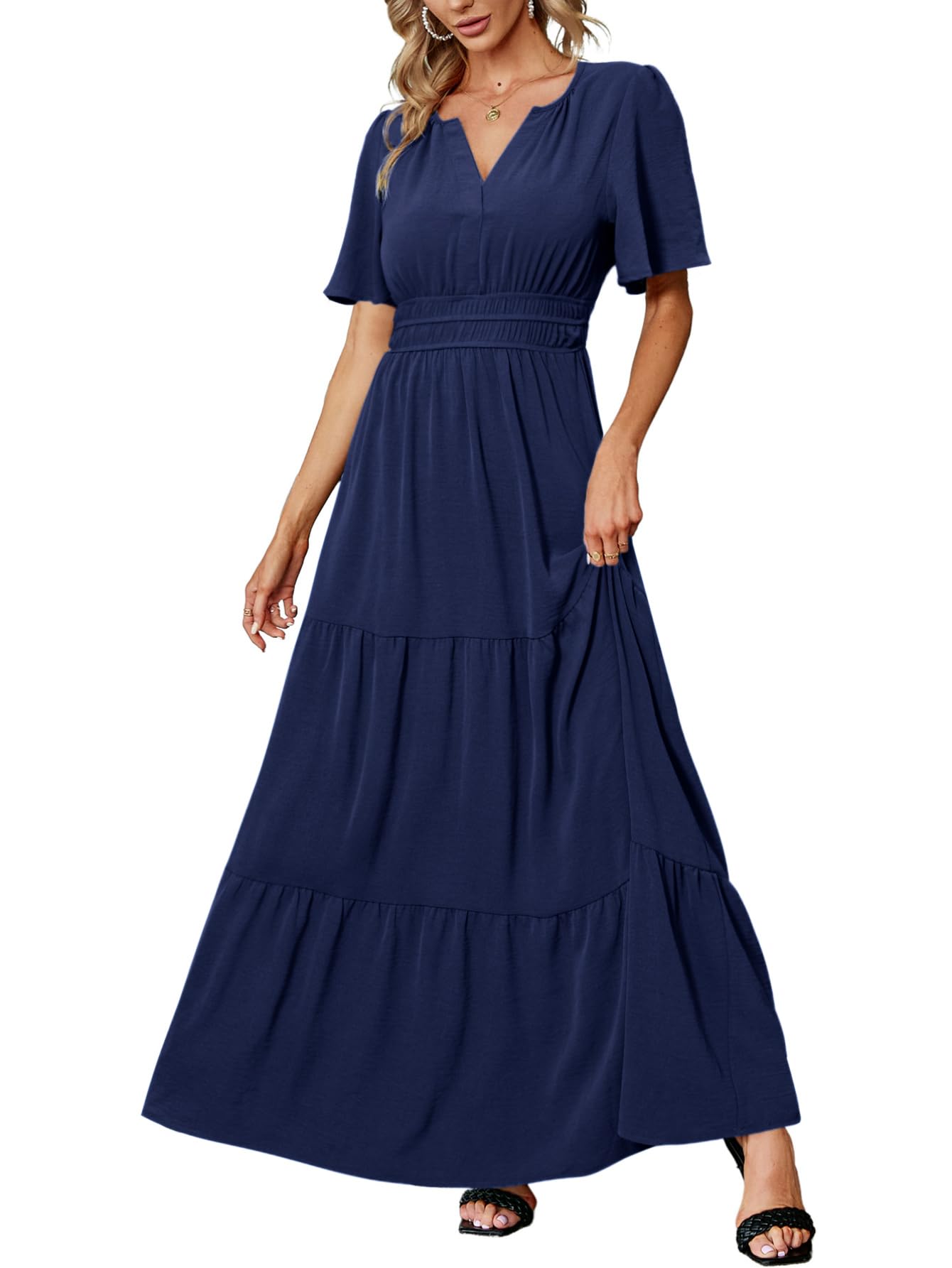 Amegoya Women's Semi Formal Wedding Guest Maxi Dresses V Neck Short Sleeve Empire Waist Dress Long Flowy Modest Dress (Navy Blue XXL) Image