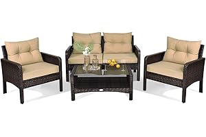 HAPPYGRILL 4-Piece Patio Furniture Set Outdoor Rattan Wicker Sofa Set with Cushions & Coffee Table, Conversation Sofa Set wit