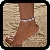 Allereyae Boho White Pearl Anklet Pearls Bead Anklets Elastic Pearl Chain Anklet Summer Beach Pearls Foot Chain Anklets Jewelry for Women