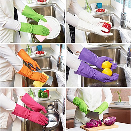Rubber Gloves Latex Kitchen Cleaning Gloves Household Waterproof Dishwashing Reusable (3 Pairs Medium & 3 Pairs Large)