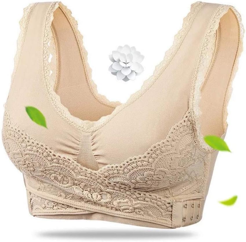 ZAK168 Super Comfort Bra Women Girls Sexy Cross Side Buckle Gather Lace Bra Seamless Anti-sagging Sports Bra Yoga Bralette Sleep Bras Wide Straps(L,Nude)