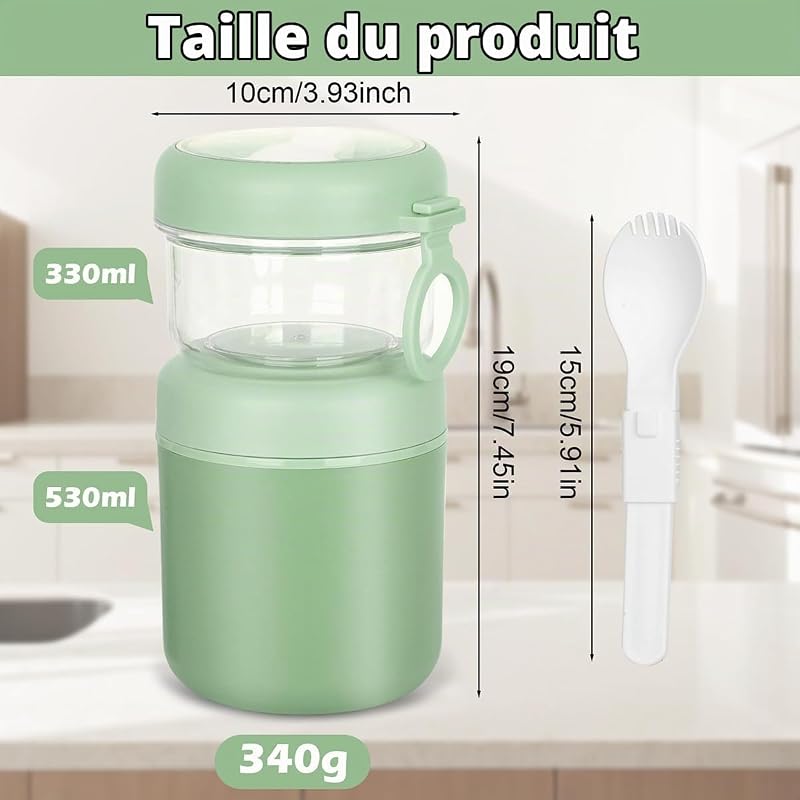 Bol Muesli a Emporter, Pot Yaourt Avec 2 Compartiment,Sûr et Pratique(Vert)