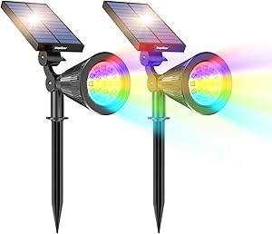 Solar Landscape Spotlights(18 LEDs, 7 Colors), UopGear 2-in-1 Solar Powered Wall Lights Outdoor Landscaping Spot Lights, Decorative Lighting for Yard Garden Driveway Porch Walkway Pool Patio