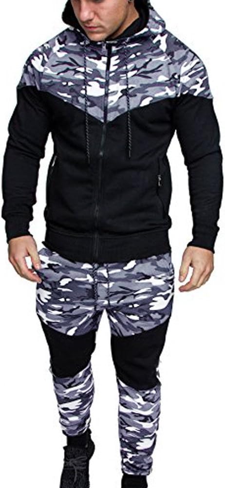 Mens Tracksuit 2PC Set Camouflage Patchwork Sweatshirt Top Pants Hooded Sports Suit