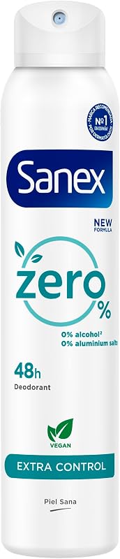 Sanex zero% extra control desodorante spray, embalagem 6 unidades x 200ml, proteção 48h, 0% álcool e 0% sais de alumínio, ingredientes antibacterianos, inibe a formação de odor corporal