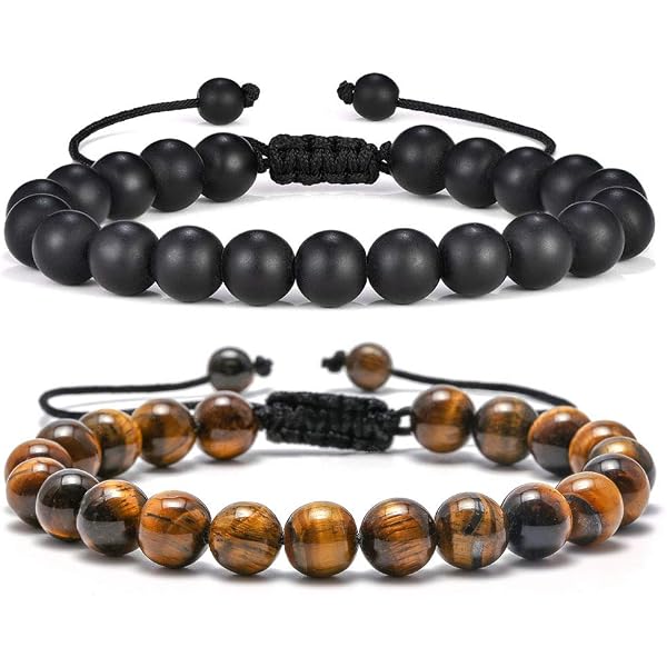 M MOOHAM Men's Natural Stone Bracelet - 8mm Tiger Eye & Lava Rock Adjustable Spiritual Jewelry