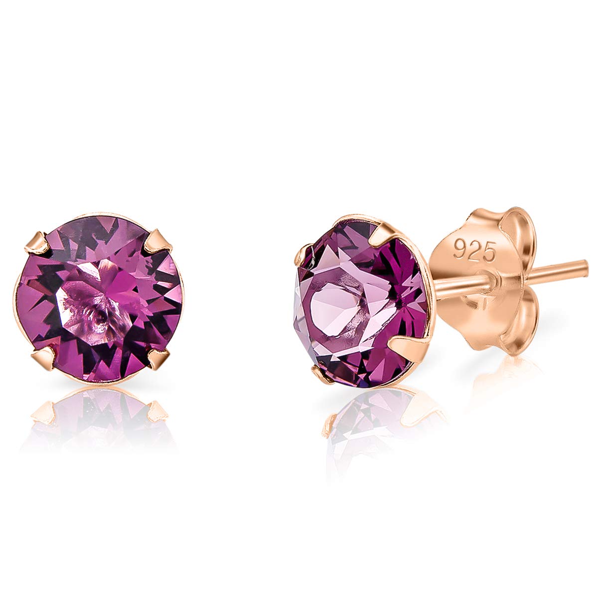 DTPSilver - 925 Sterling Silver Rose Gold Plated Round Stud Earrings made with Glittering Crystals from Swarovski® Elements - Diameter: 6 mm - Colour : Purple Amethyst