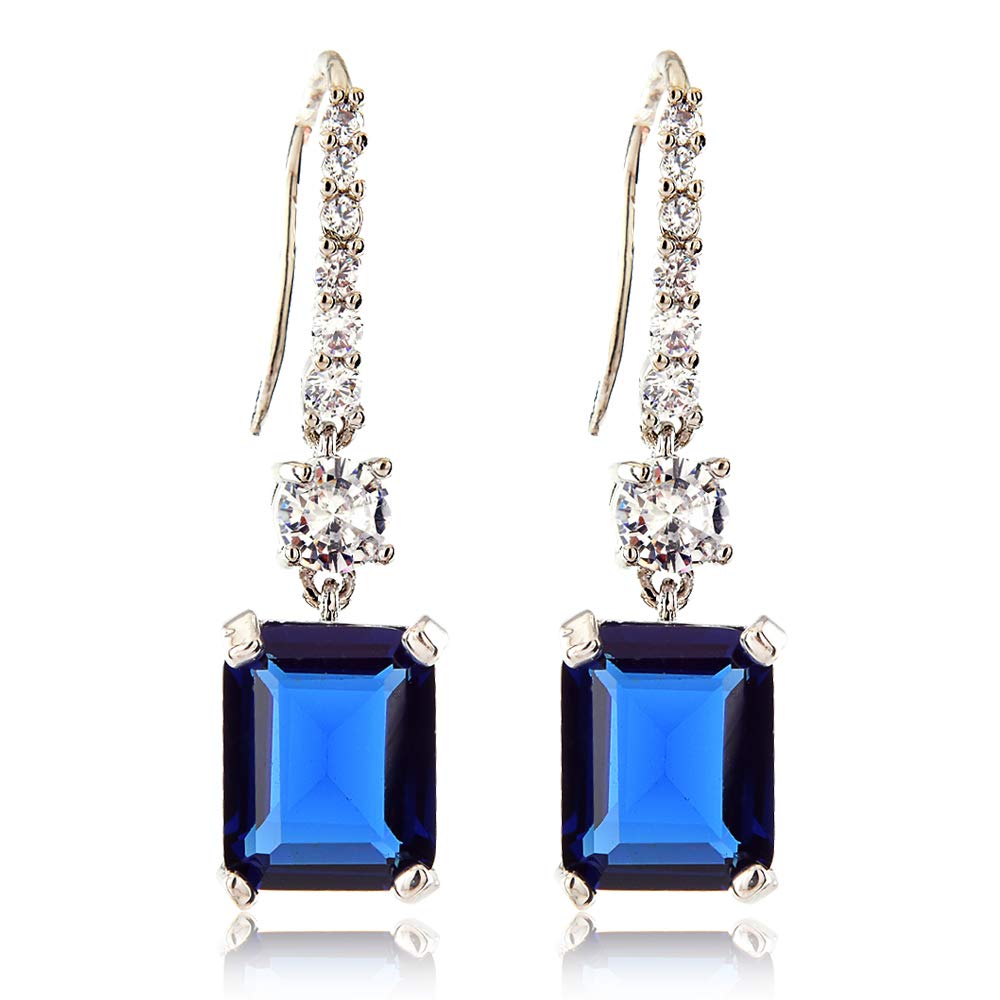 [RIZILIA CLASSIC] Dangle Drop Pierced Hook Earrings with Emerald Cut Gemstones CZ [Blue Sapphire] in 18K White Gold Plated, Simple Modern Elegant