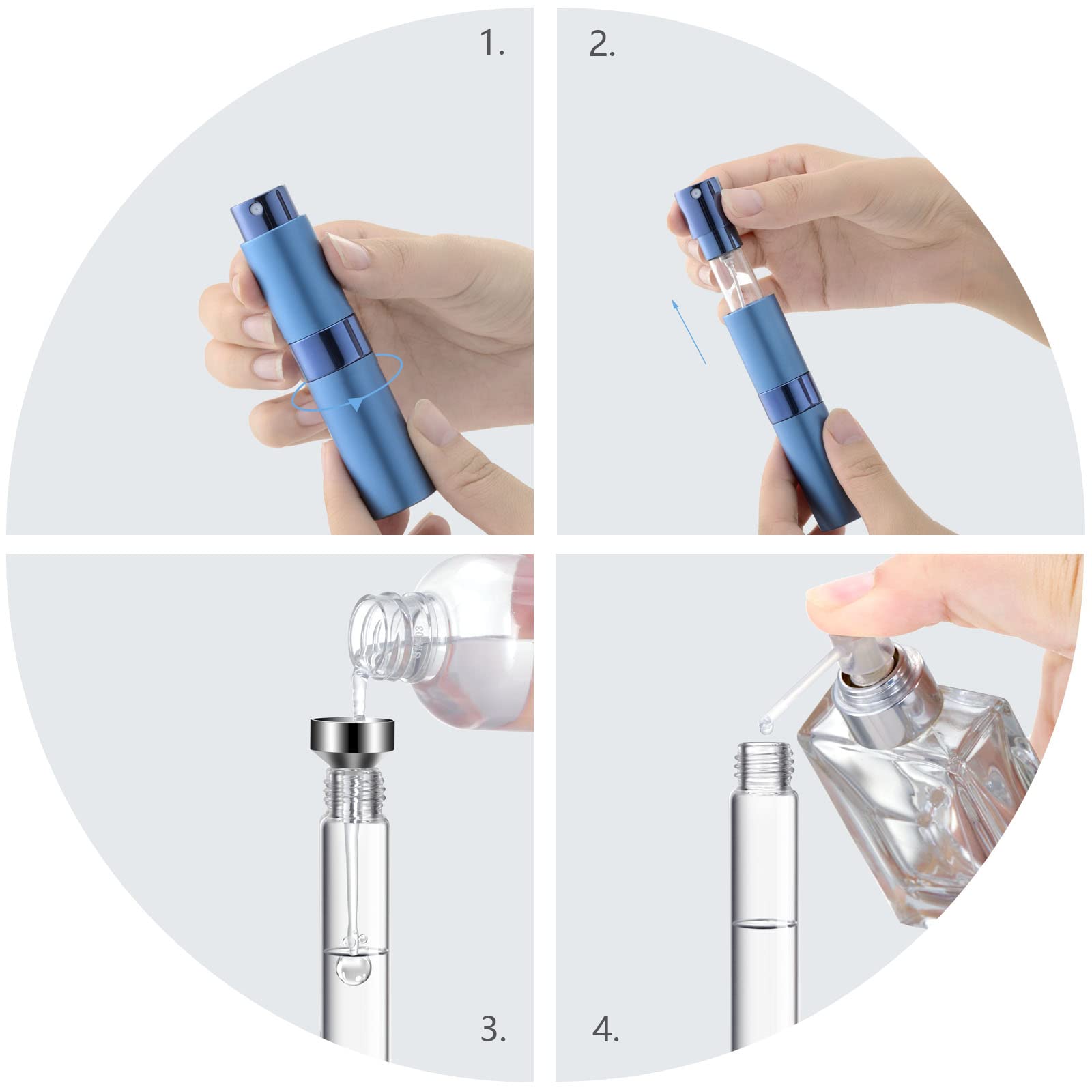 Lil Ray 8ml Portable Mini Perfume Atomizer(4 PCS)，Refillable Empty Small Spray Bottle for Travel, Twist Type Pocket Cologne Sprayer (Matte Black, Pink, Blue, Silver)