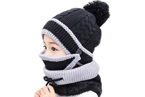 GREUS 3 in 1 Winter Knitted Beanie Hat Mouth Neck Warmer Set for Girls Boys Kids, Warm Fleece Lined Ski Caps with Pompom