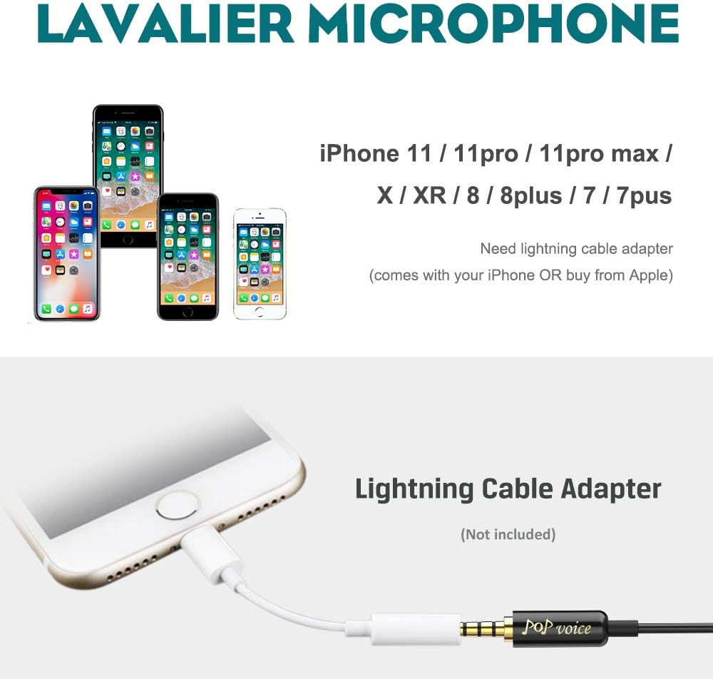 PoP voice Upgraded Lavalier Lapel Microphone, Omnidirectional Condenser Mic for Apple iPhone iPad Mac Android Smartphones, Youtube, Interview, Studio, Video, Recording,Noise Cancelling Mic: Musical Instruments