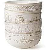 Artena Soup Bowls 32 OZ, Cereal Bowls Set of 4, Embossment Ceramic Ramen Bowl, 6.3 Inch White Salad Bowls, Large Dinner Bowl for Pho, Noodle, Pasta, Snack, Dishwasher Microwave Safe, Multiple Patterns