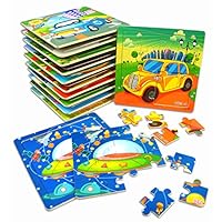 Vileafy Kids Jigsaw Puzzles Party Favors Toys for Boys & Girls, Wooden Puzzles, 12-Pack with Individual Storage Tray & Organza Bag, 5 3/4" x 5 3/4" Per Pack