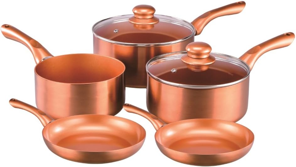 CERMALON 7PC COPPER CERAMIC 100% NON-STICK SAUCEPAN SET - 20CM AND 24CM FRYING PANS, 14CM MILK PAN AND 16CM, 20CM SAUCE PANS WITH GLASS LIDS