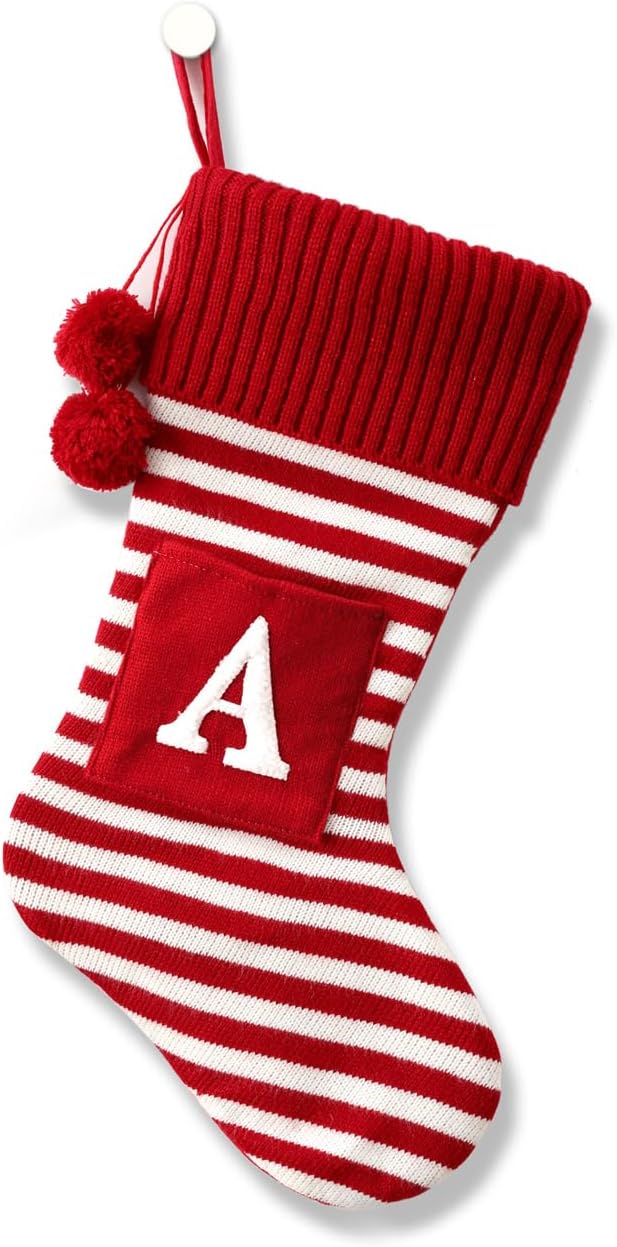 Stockings & Holders - CRSMHLPK 20 Inches Initial Christmas Stocking Monogram Striped Christmas Stocking red Green with White Embroidered Letter Christmas decorations-01-A-Red