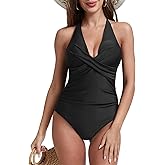 Simlakey Women's One Piece Swimsuit Tummy Control Swimsuit Halter Slimming Bathing Suit Ruched Push Up Swimwear Summer