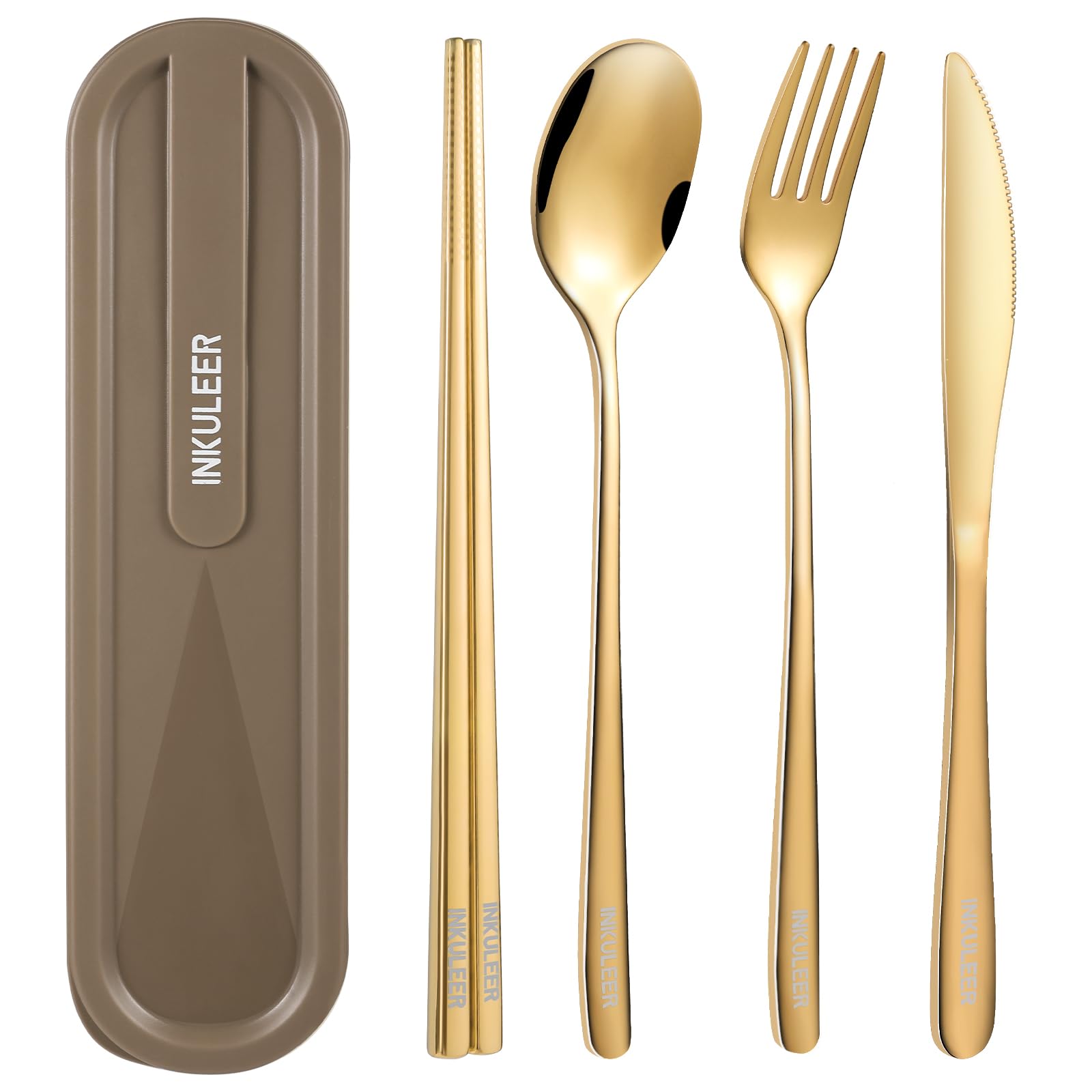 Photo 1 of INKULEERTravel cutlery set, 18/8 stainless steel cutlery, Reusable utensils set with case, Portable Silverware Lunch Box for Camping and Office (Rose gold)
