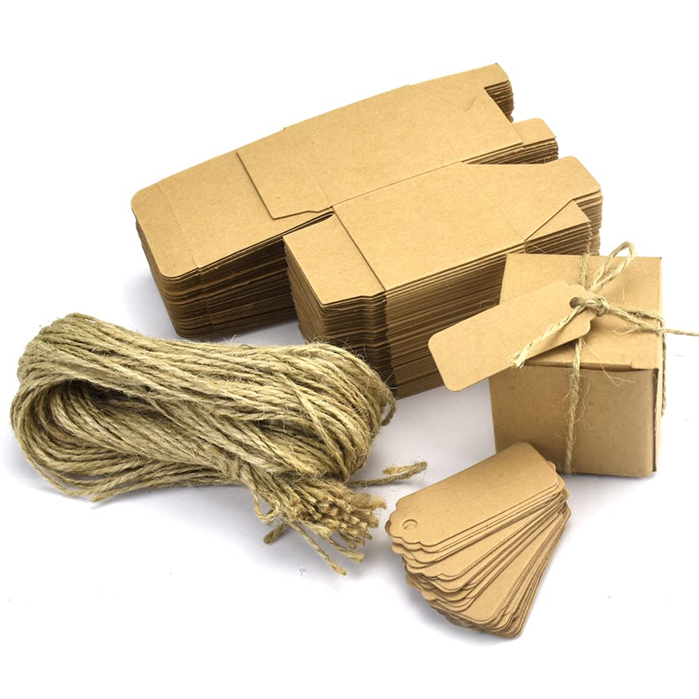ANTHYTA Kraft Gift Box,50pcs Brown Kraft Favour Gift Boxes with 5 * 5 * 5cm Size,Handmade Paper with Rope and Tag for Candy Gift Boxes Wedding Party Favour DIY