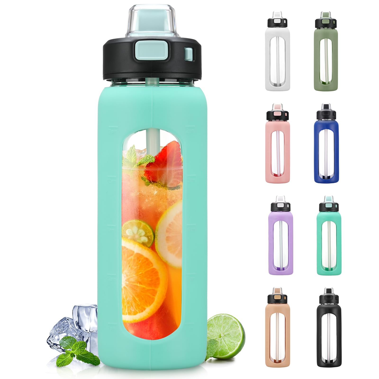 BLUEGO 700ml Glass Water Bottle with Handle and Straw Drinking Hydration Bottle with Silicone Sleeve and Time Marking Motivational Water Bottle for Gym Sports Outdoor Leak-proof,Green