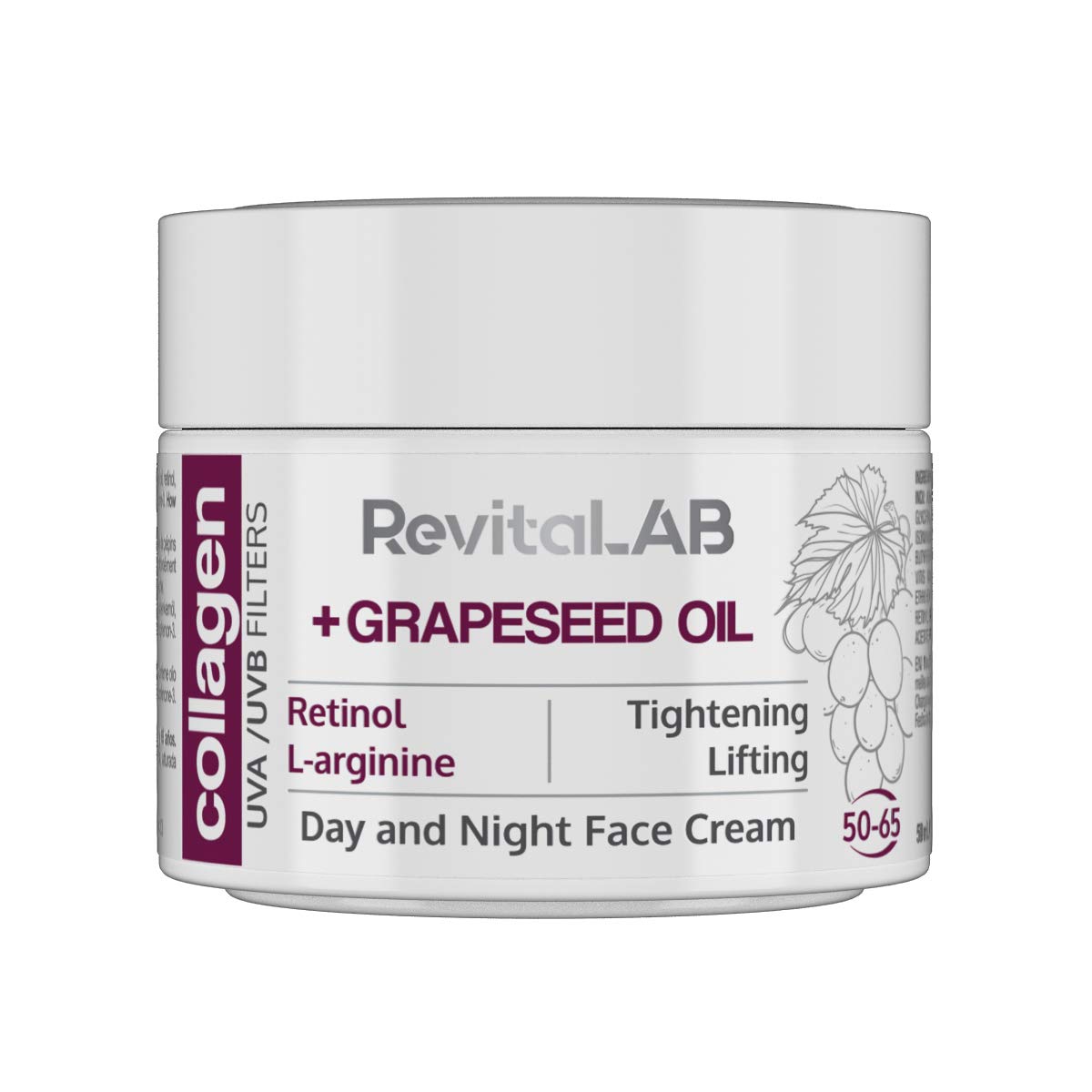 RevitaLAB Day and Night Collagen Anti-Ageing Moisturiser, Enriched with Hyaluronic Acid, L-Arginine, Retinol, Grapeseed Oil and a UVA/UVB Filter, for Ages 50 - 65, 50 ml