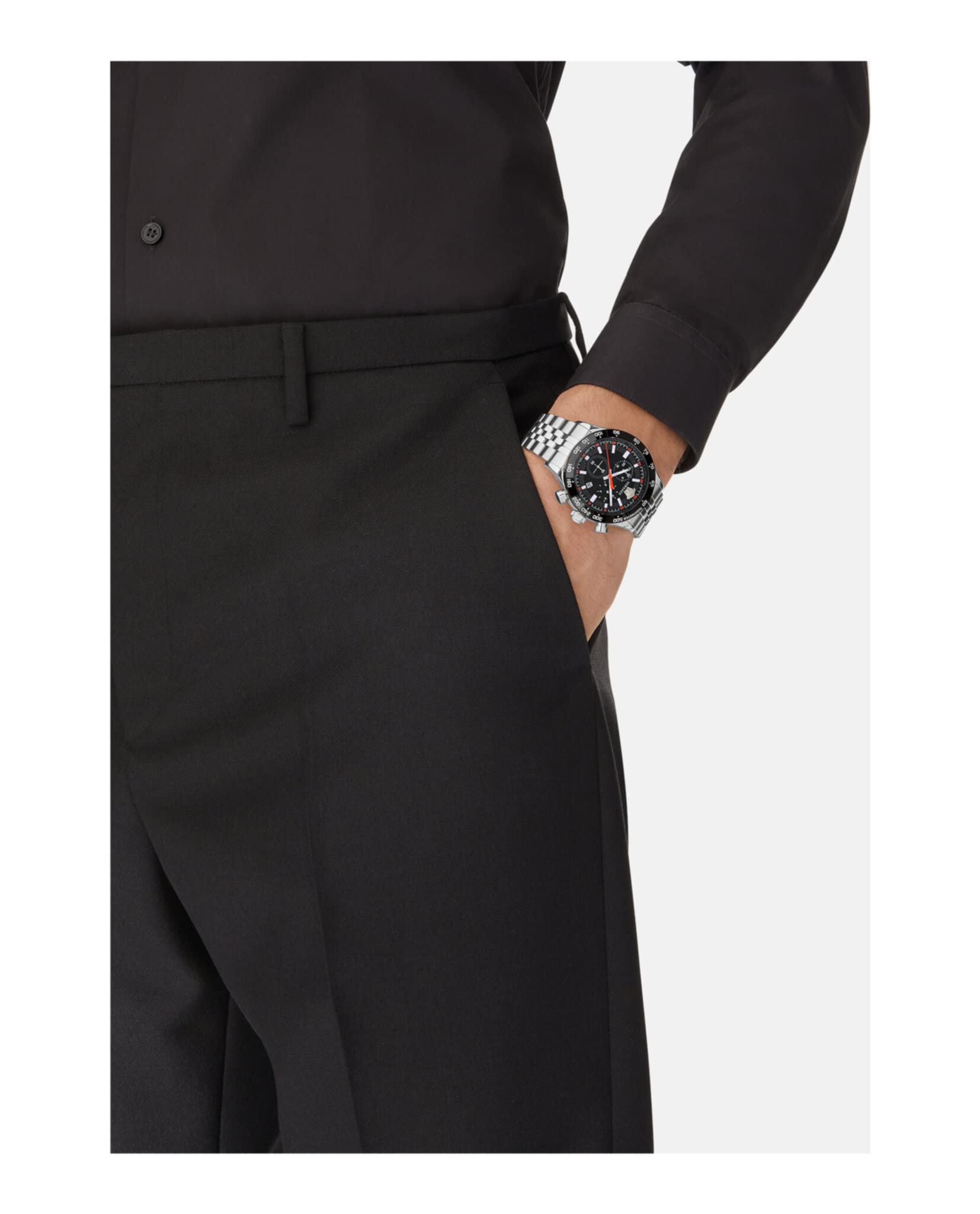 Versace Hellenyium Chrono Collection Luxury Mens Watch Timepieces with a Silver Bracelet Featuring a Stainless Steel Case and a Black Dial