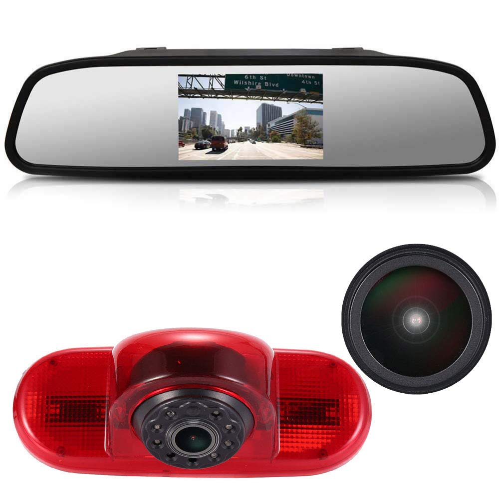 4.3''rearview mirror+HD IP68 Third Roof Top Mount Brake Lamp Reverse Rear View Backup Camera Angle and distance Adjustable IR Night Vision for Opel Vivaro/Combo/Vauxhall/Trafic/Fiat Talento