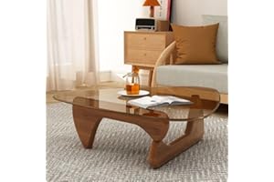 PRITIY Triangle Glass Coffee Table-Mid-Century Modern End Table Solid Wood Base and Vintage Tempered Transparent Glass Top Coffee Tables Living Room Balcony (36 * 25.6 * 16, Walnut Teal)