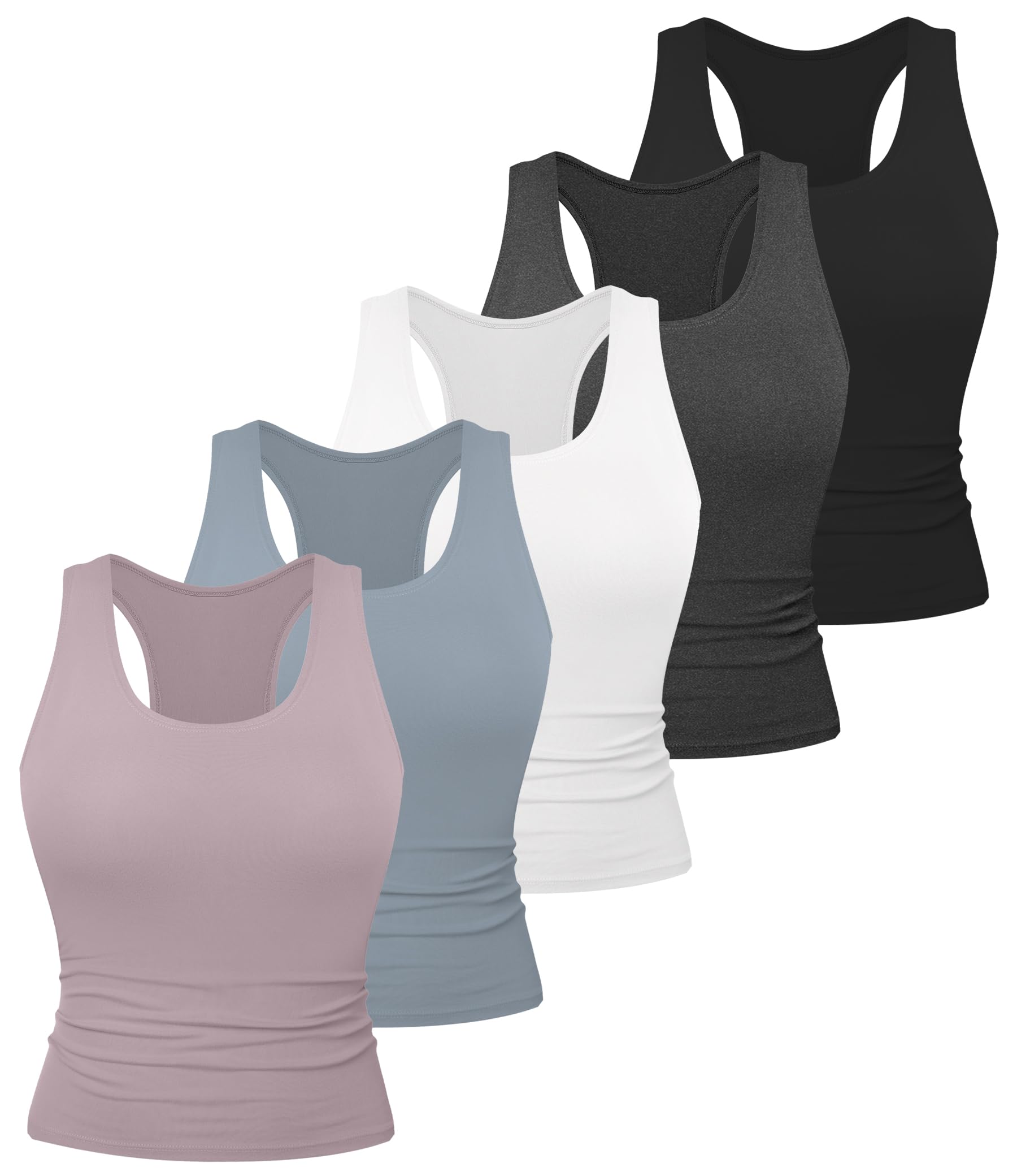 Photo 1 of Dalavch 5 Pack Women's Workout Racerback Tank Tops Spandex Yoga Athletic Running Gym Sports Crop Tops for Women 1 Black 1 White 1 Heather Grey 1 Pink 1 Blue Medium