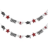 Vofrise Black and Red Congrats Grad Banner Graduation Decorations Class of 2026 Glitter Star Grad Cap Certificate Bunting Garland for Graduation Party Supplies