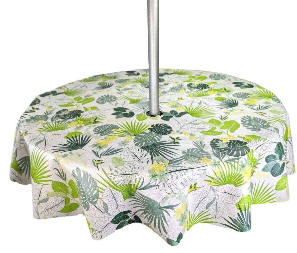 Karina Home Round Outdoor Garden Tablecloth with Parasol Umbrella Hole Tropical Flowers and Birds Green Garden Wipe Clean Round 138cm