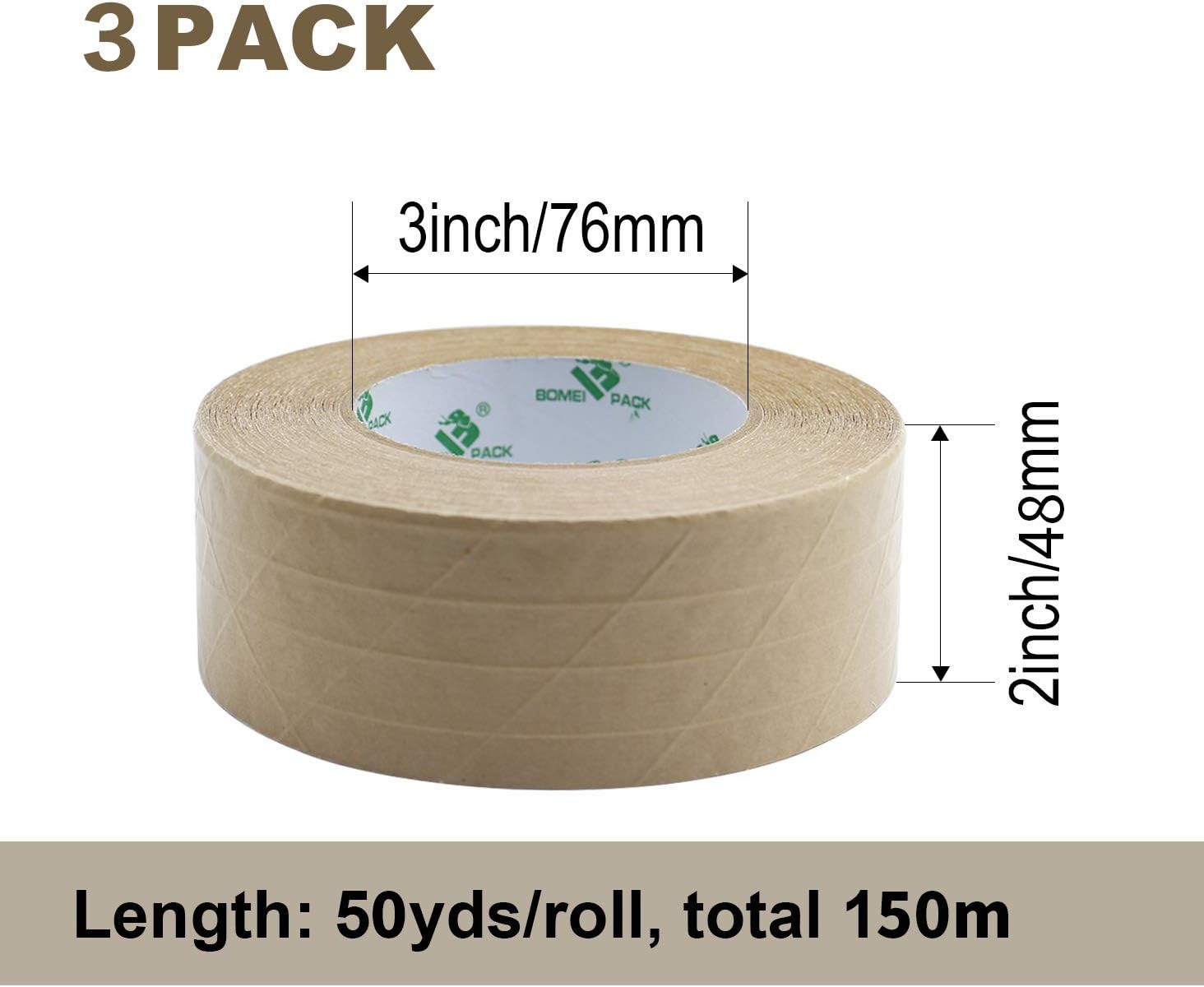 3 Pack Strong Brown Paper Packaging Tape,EcoFriendly, Fully Recyclable