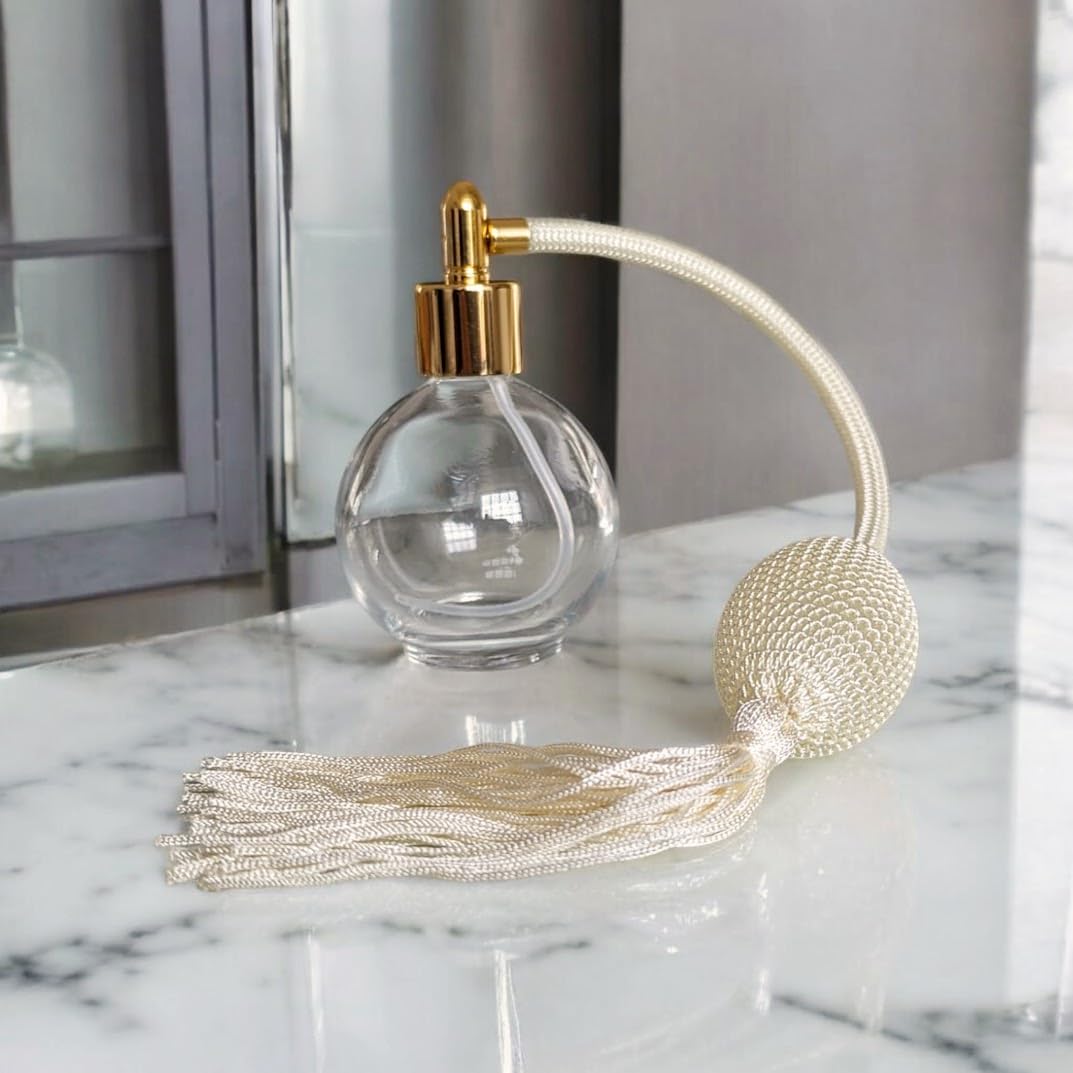 Ivory Tassel 78ml Classic Round Perfume Bottle Atomizer, Filling Funnel & Gift Box Included (GF)