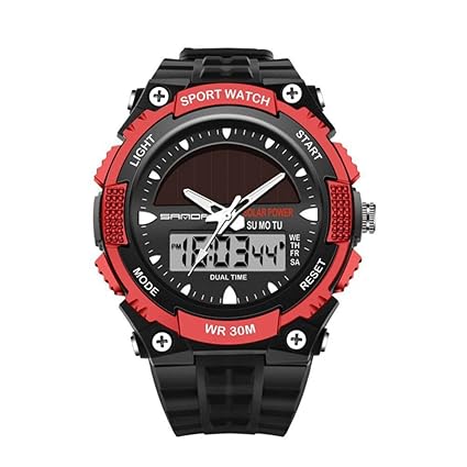 Solar Sports Watch with Natural Plastic Strap Solar Absorption Chip Dual Display Luminous Alarm Electronic Wrist Watch(#-Black and Red)