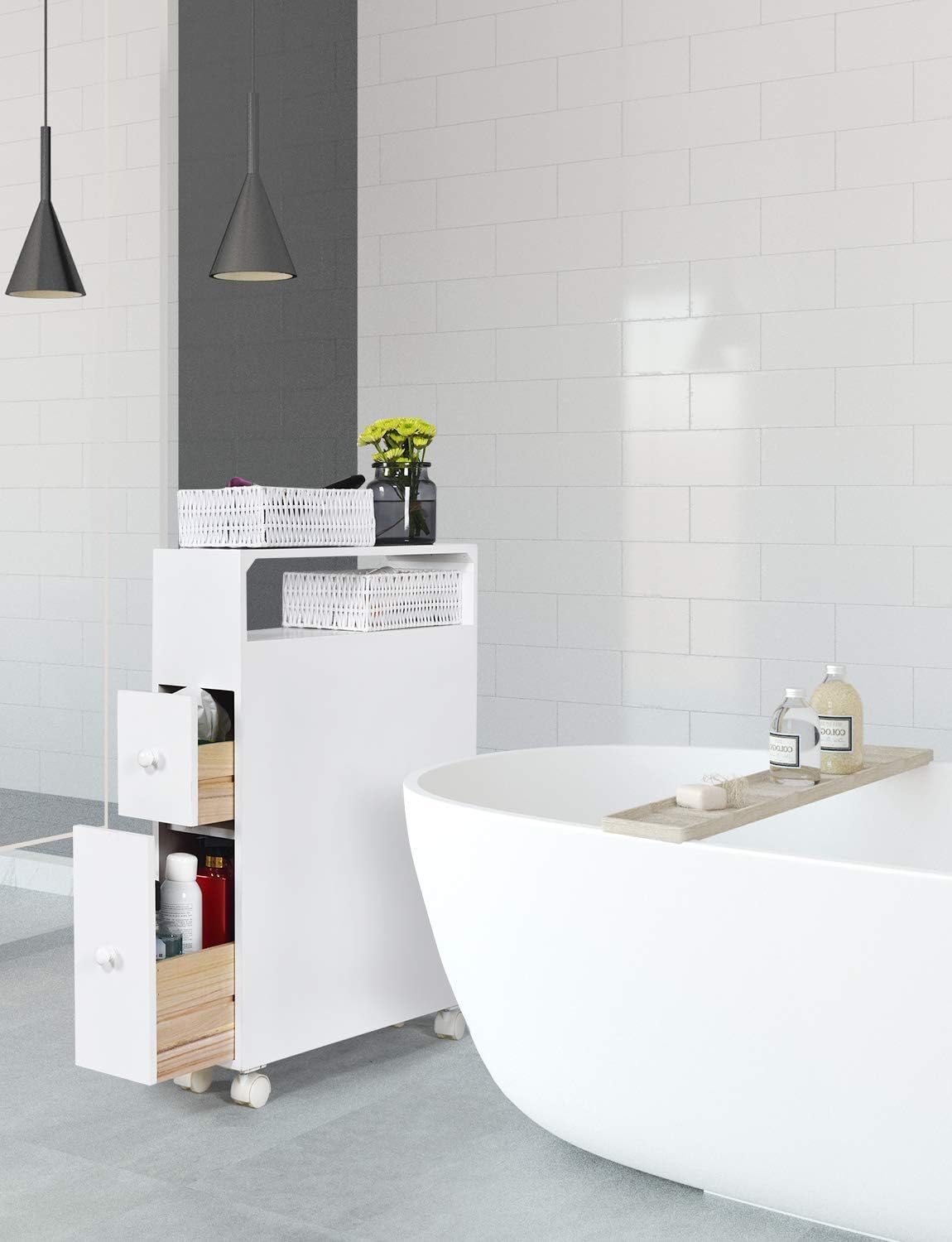 bathroom storage cabinets slim spaces on Slim Bathroom Storage Cabinet With Wheels Space Saving Narrow Toilet Floor Organizer With 2 Drawers And Baskets 20l X 6 3w X 28 5h Wooden Rolling Bathroom Floor Cabinet Home Kitchen Bath