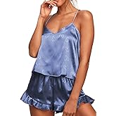 CHYRII Women's Sexy Silk Satin Ruffled Pajamas Sets Cami Shorts Sets Sleepwear