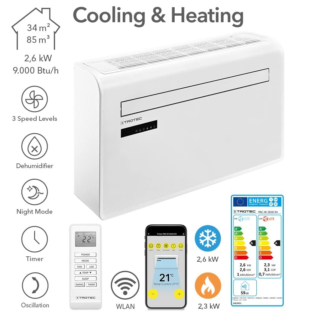 TROTEC PAC-W 2650 SH Wandklimaanlage ohne Außengerät – 4-in-1 Klimaanlage mit Heizung, 2,6 kW Kühlung, WiFi, Inverter, bis 34 m² 2