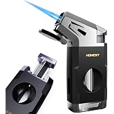 Butane Torch Lighter with V Cutter, Windproof Jet Flame Lighter Torch Refill, Adjustable Refillable Butane Lighter Gifts for Men, with Fuel Window, Butane not Include (Black)