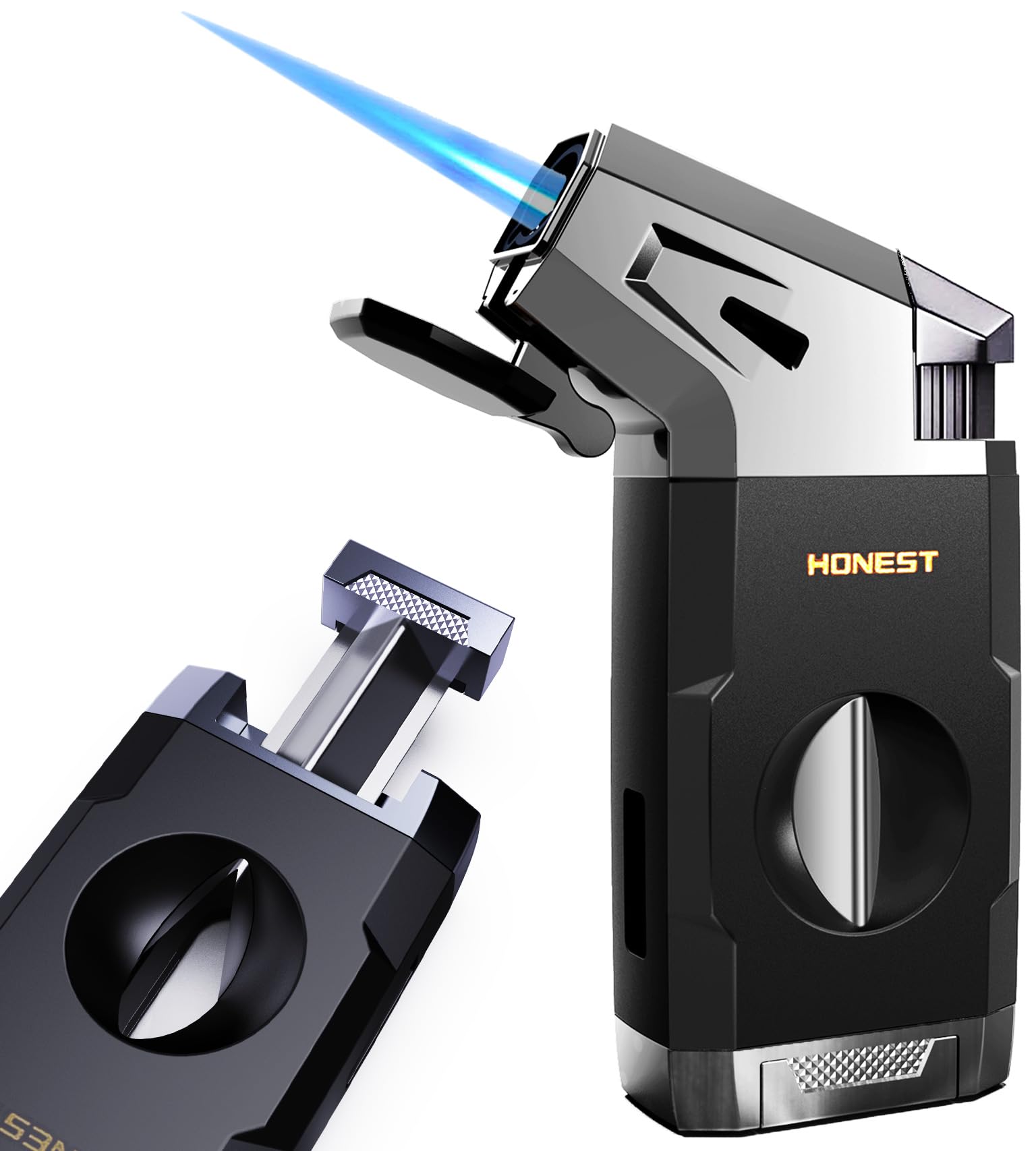 Photo 1 of Butane Torch Lighter with V Cutter, Windproof Jet Flame Lighter Torch Refill, Adjustable Refillable Butane Lighter Gifts for Men, with Fuel Window, Butane not Include (Black)