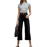 Fmkagva Womens Linen Pants Cropped Wide-Leg Pants Casual High Waist Baggy Pants Stretchy Straight Trousers with Pockets