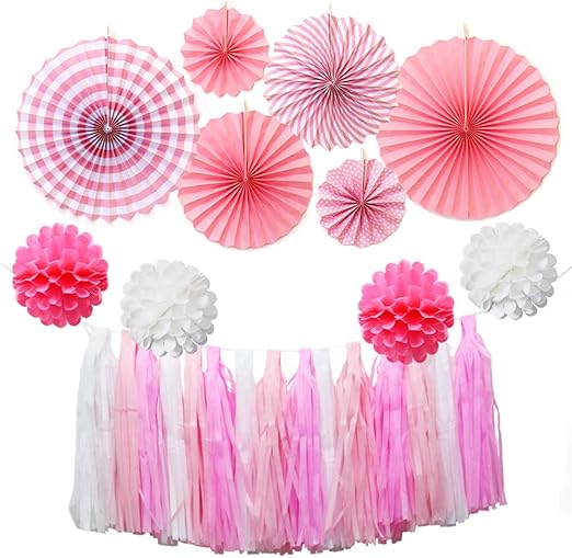 Amazon Com 13 Pcs Pink Paper Fan Hanging Decorations Set With Pom