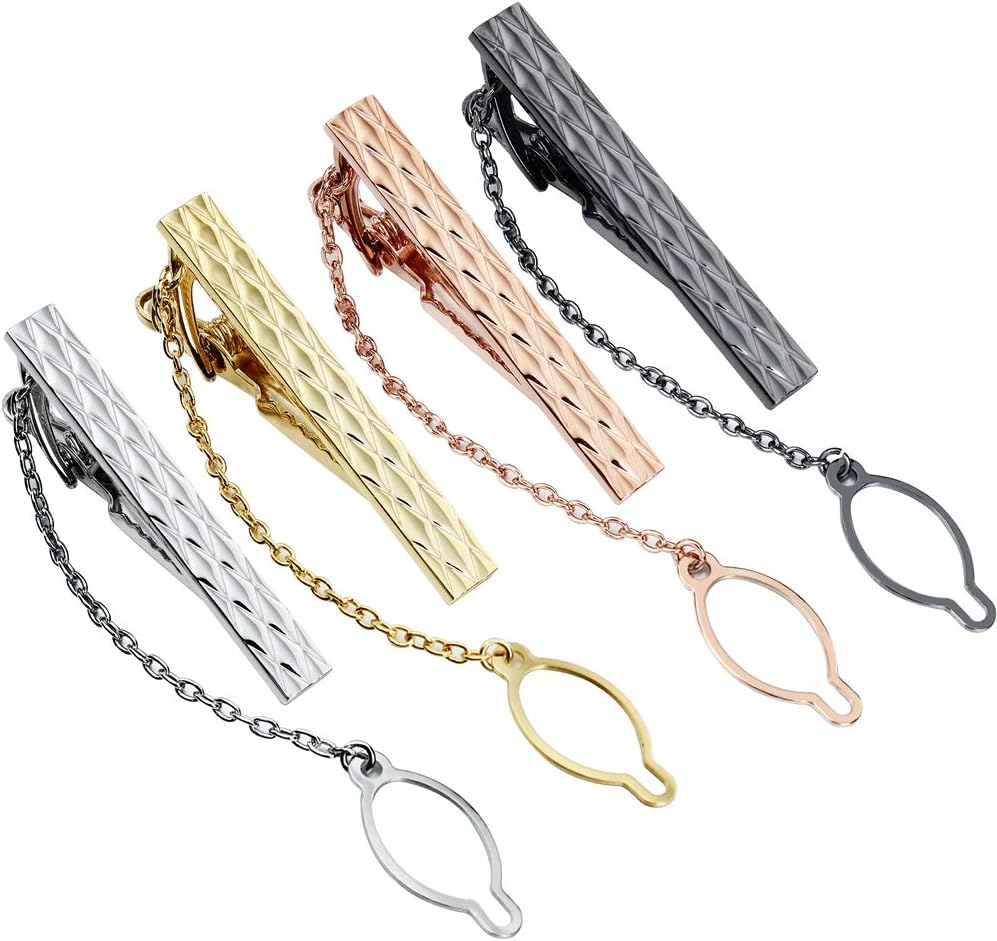 AMITER 4-Color Tie Clips Set with Chain for Men 1.5 Inch Slim Necktie Packed in Gift Box